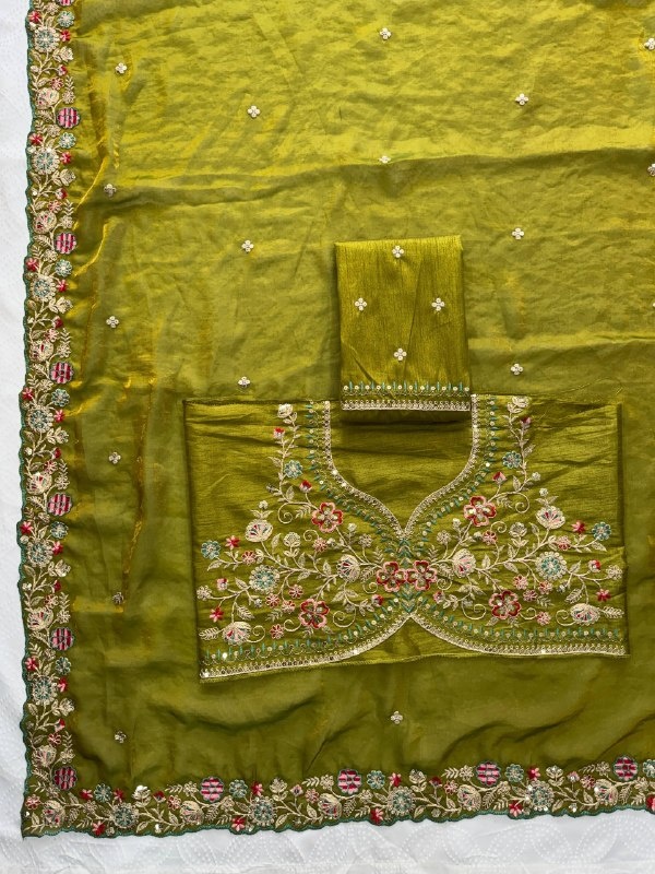 Green Satin Silk Embroidered Fluid Saree