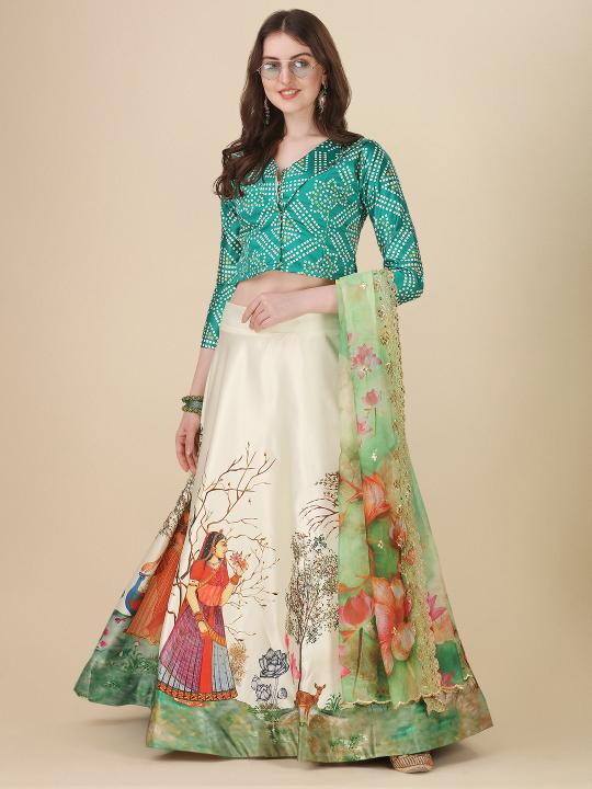 Green Satin Silk Printed Lehenga