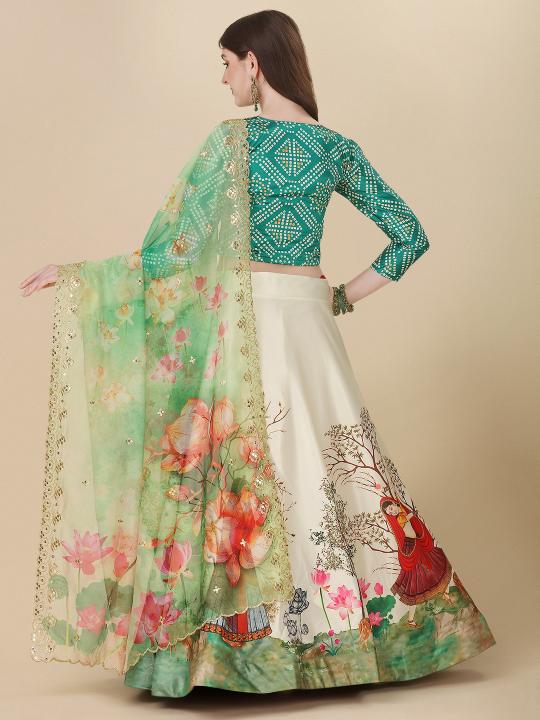Green Satin Silk Printed Lehenga — alternate view