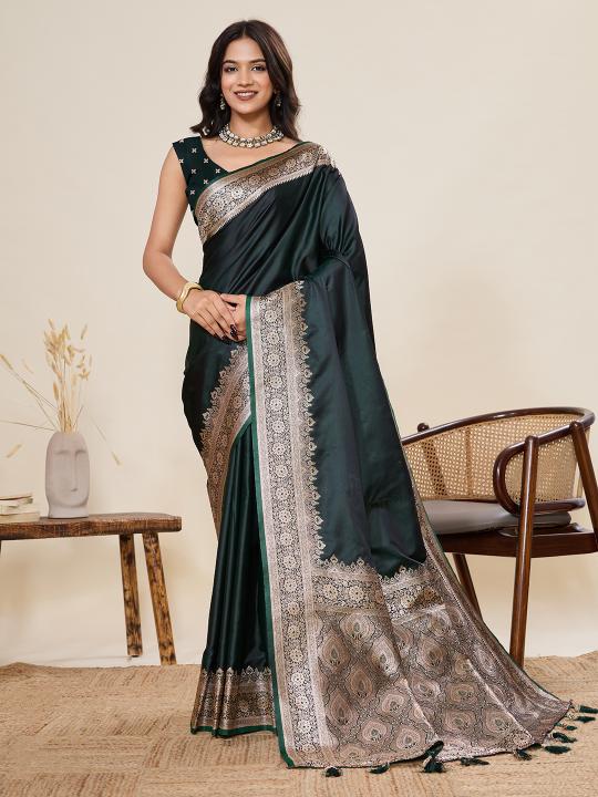 Green Satin Silk Woven Zari Saree