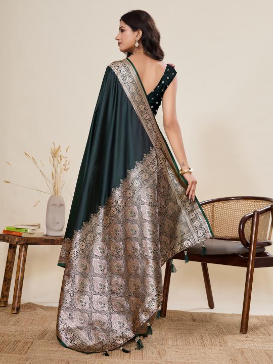 Green Satin Silk Woven Zari Saree — alternate view