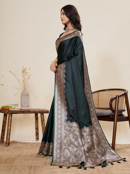 Green Satin Silk Woven Zari Saree