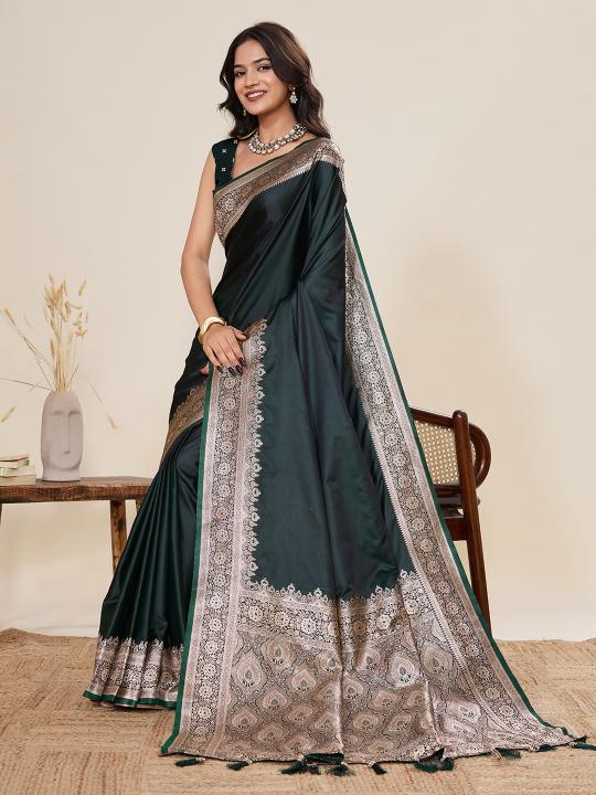 Green Satin Silk Woven Zari Saree