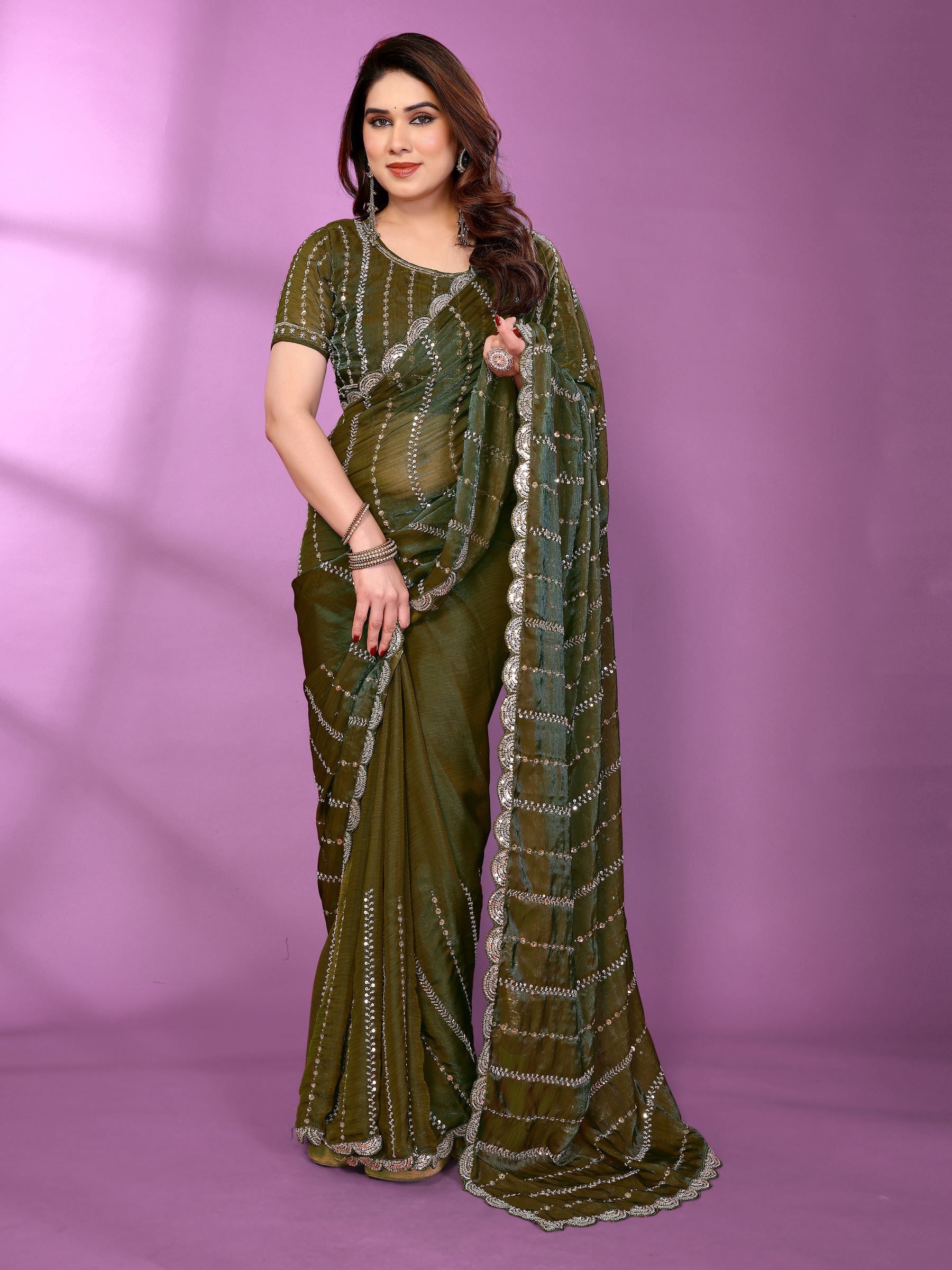 Green Sequinned Satin Silk Saree