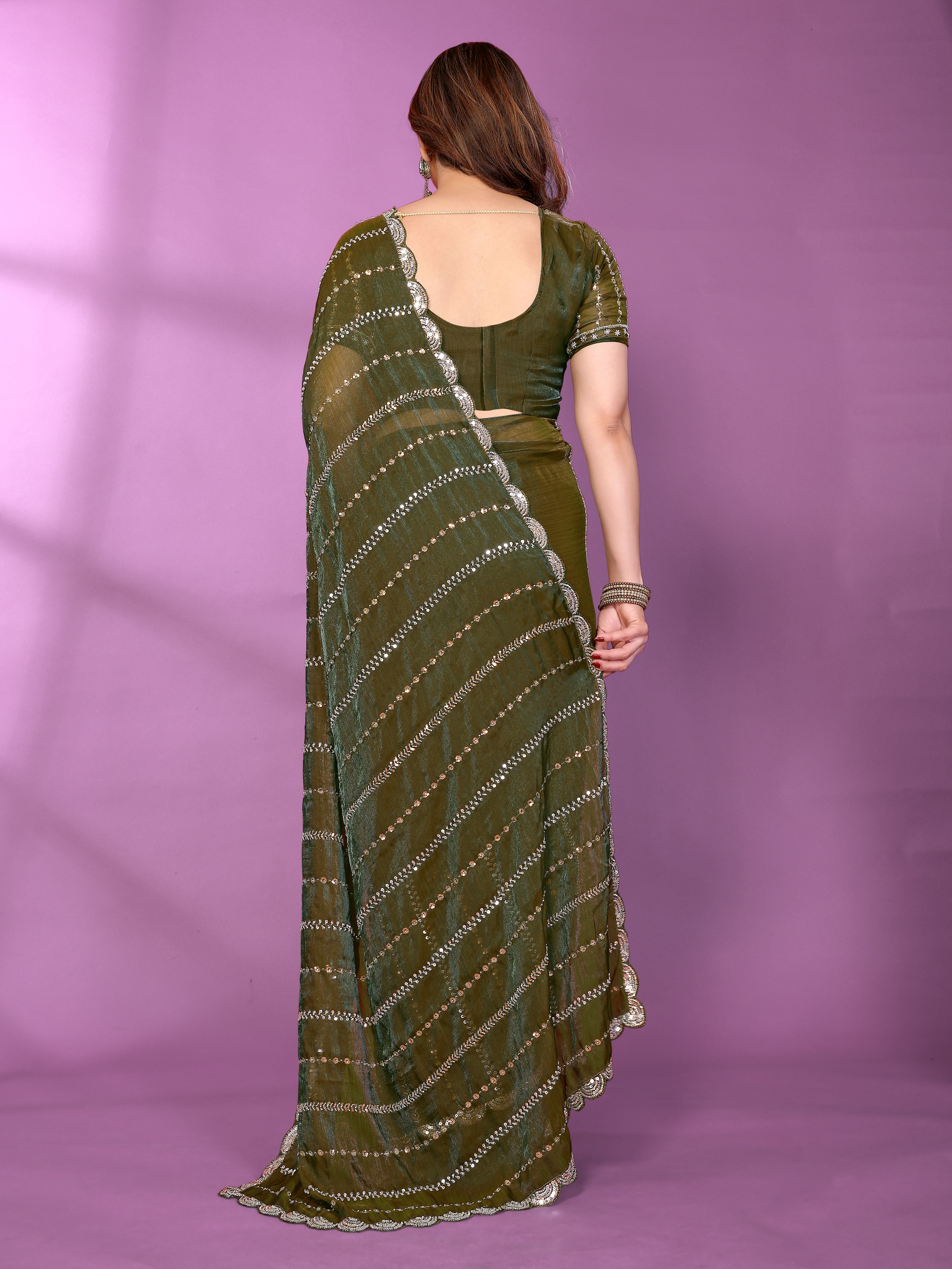 Green Sequinned Satin Silk Saree — alternate view