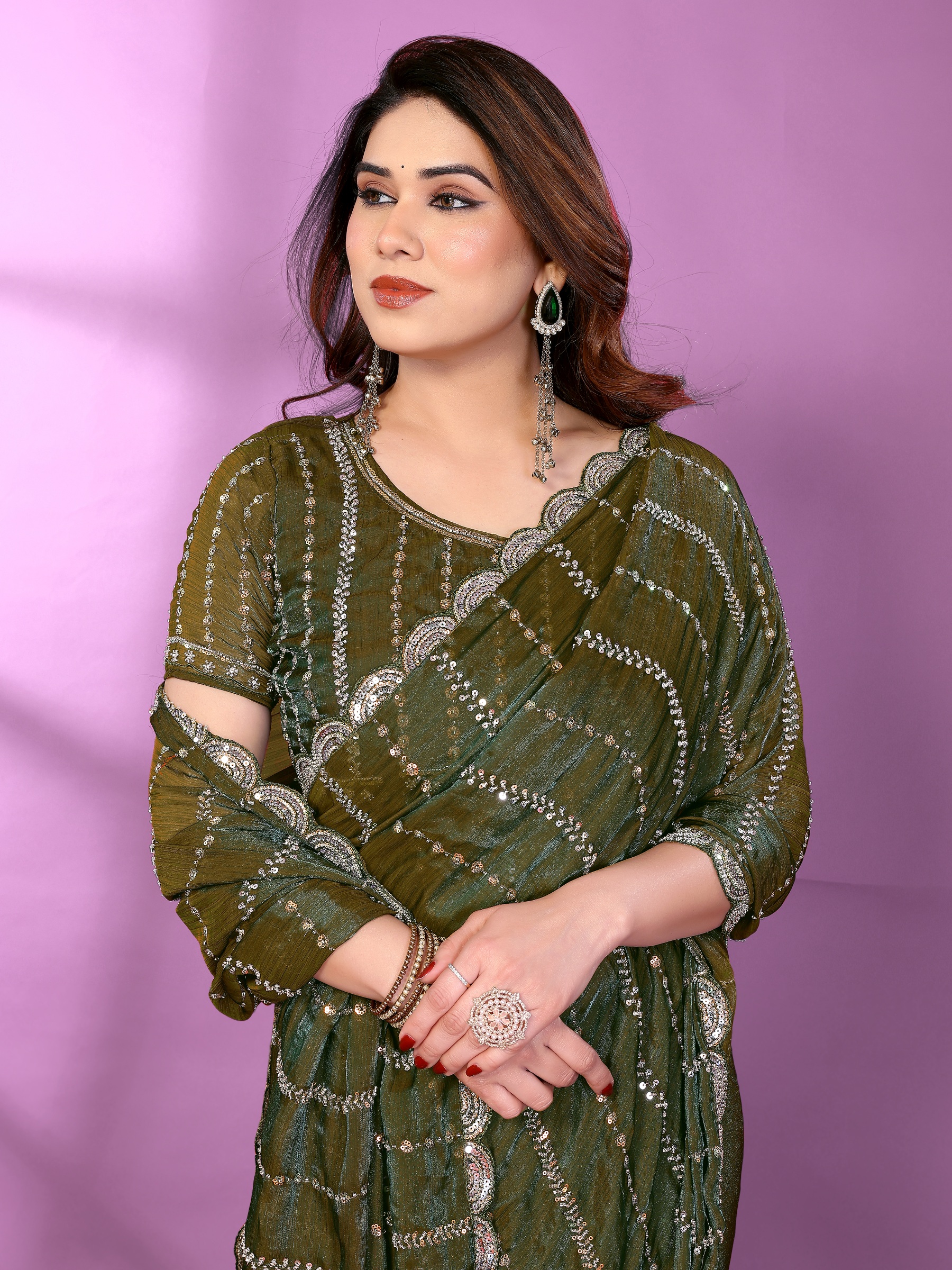 Green Sequinned Satin Silk Saree