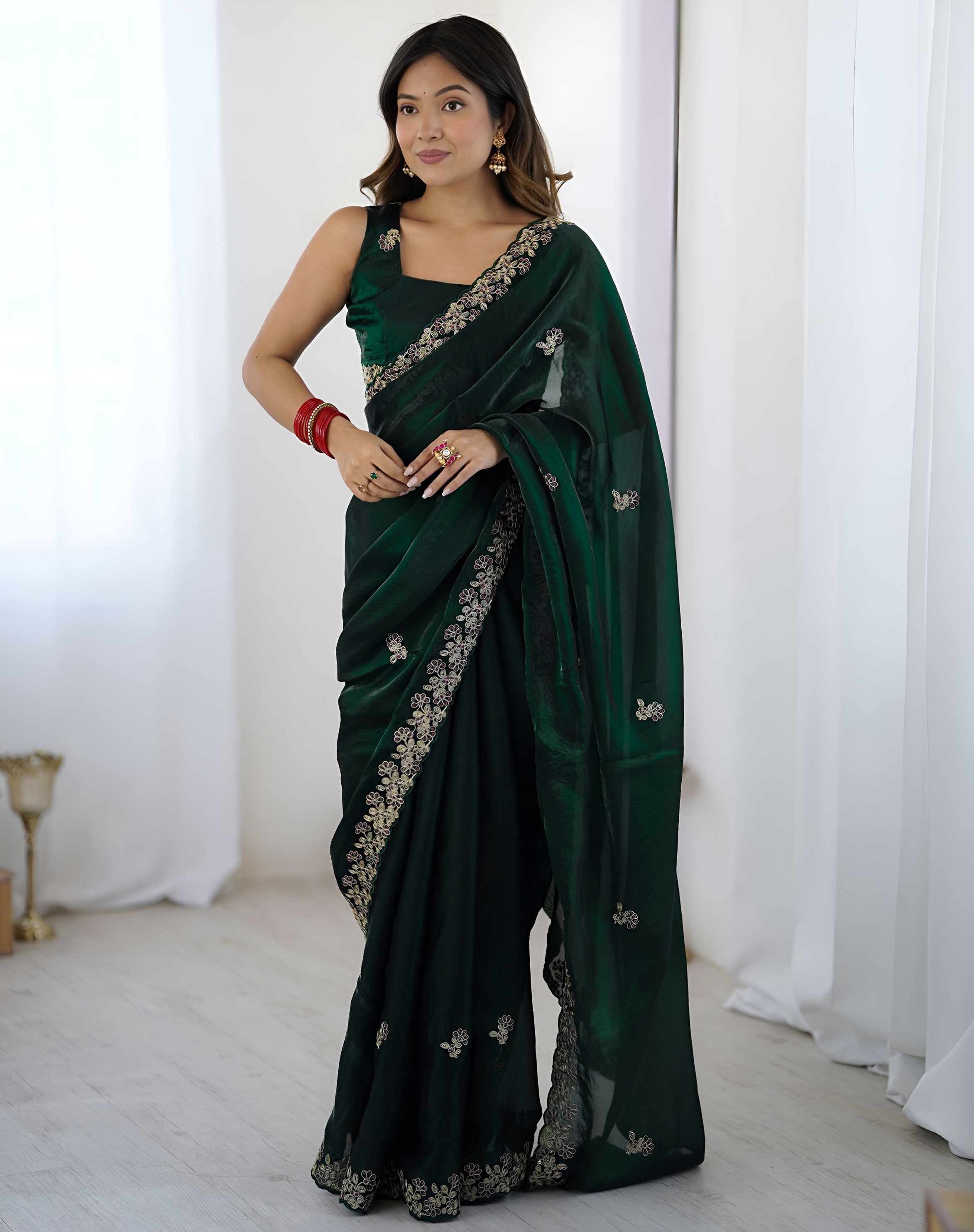 Green Sequins Fendy Satin Silk Saree