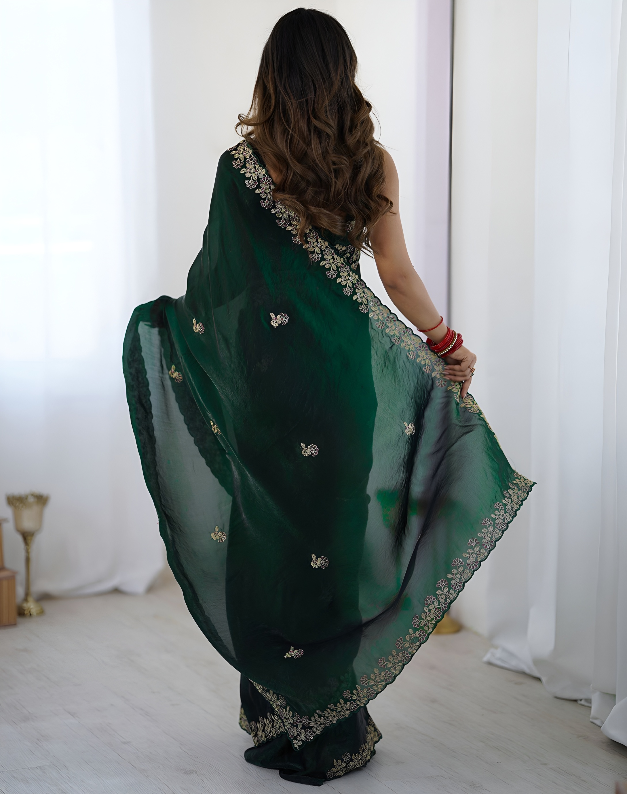 Green Sequins Fendy Satin Silk Saree — alternate view