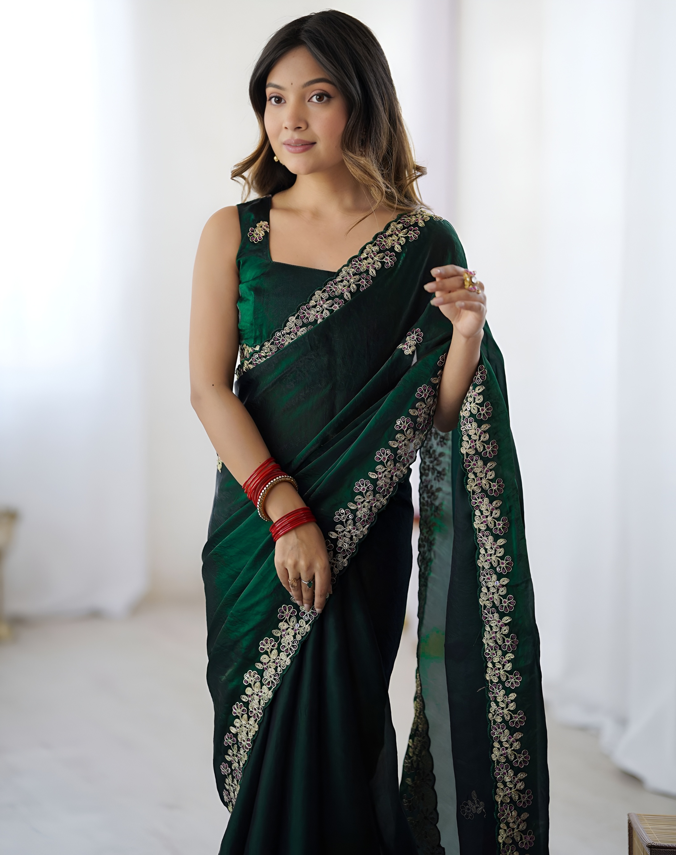 Green Sequins Fendy Satin Silk Saree