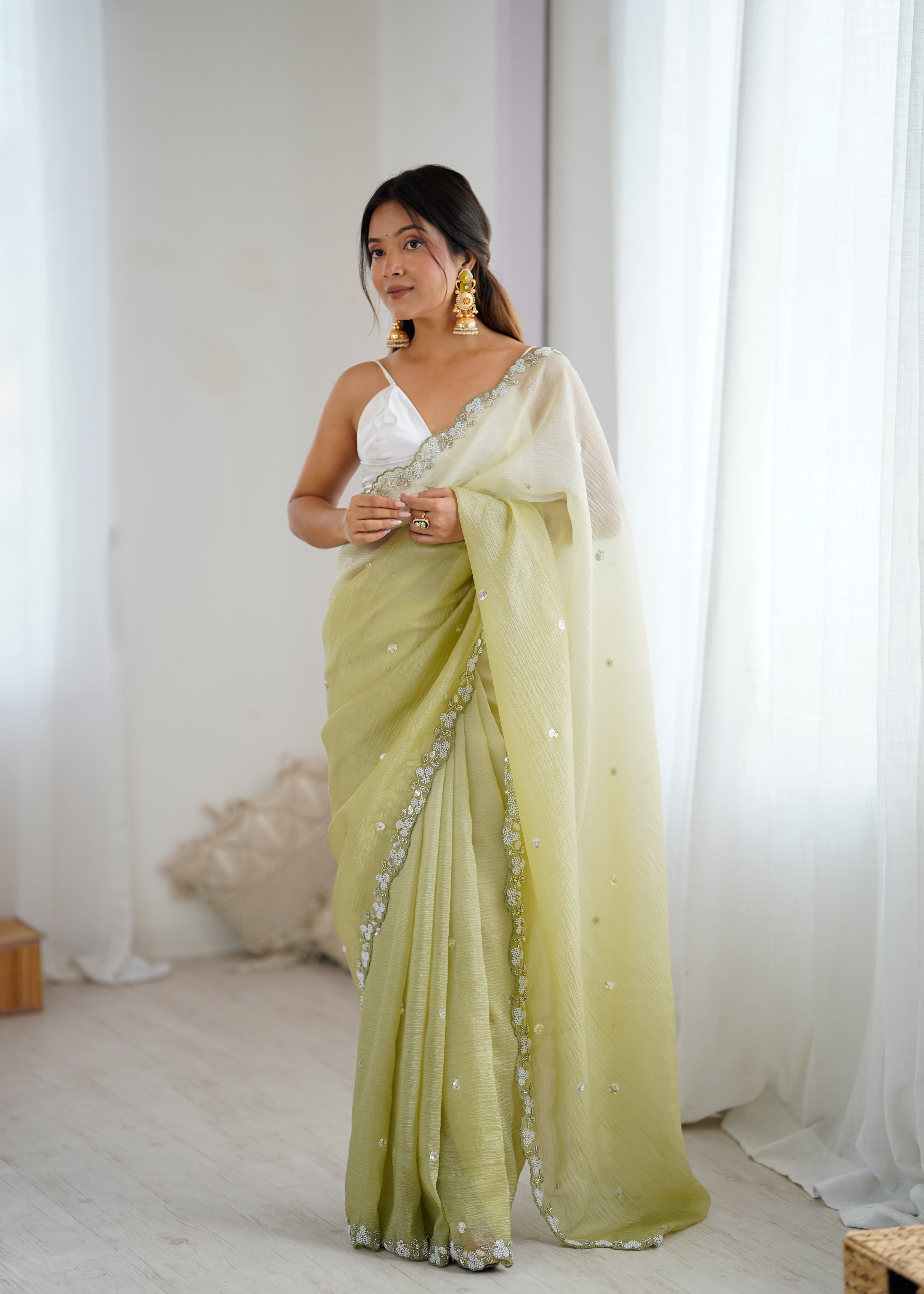 Green Shaded Crush Sequin N Moti Cut Work Chiffon Saree
