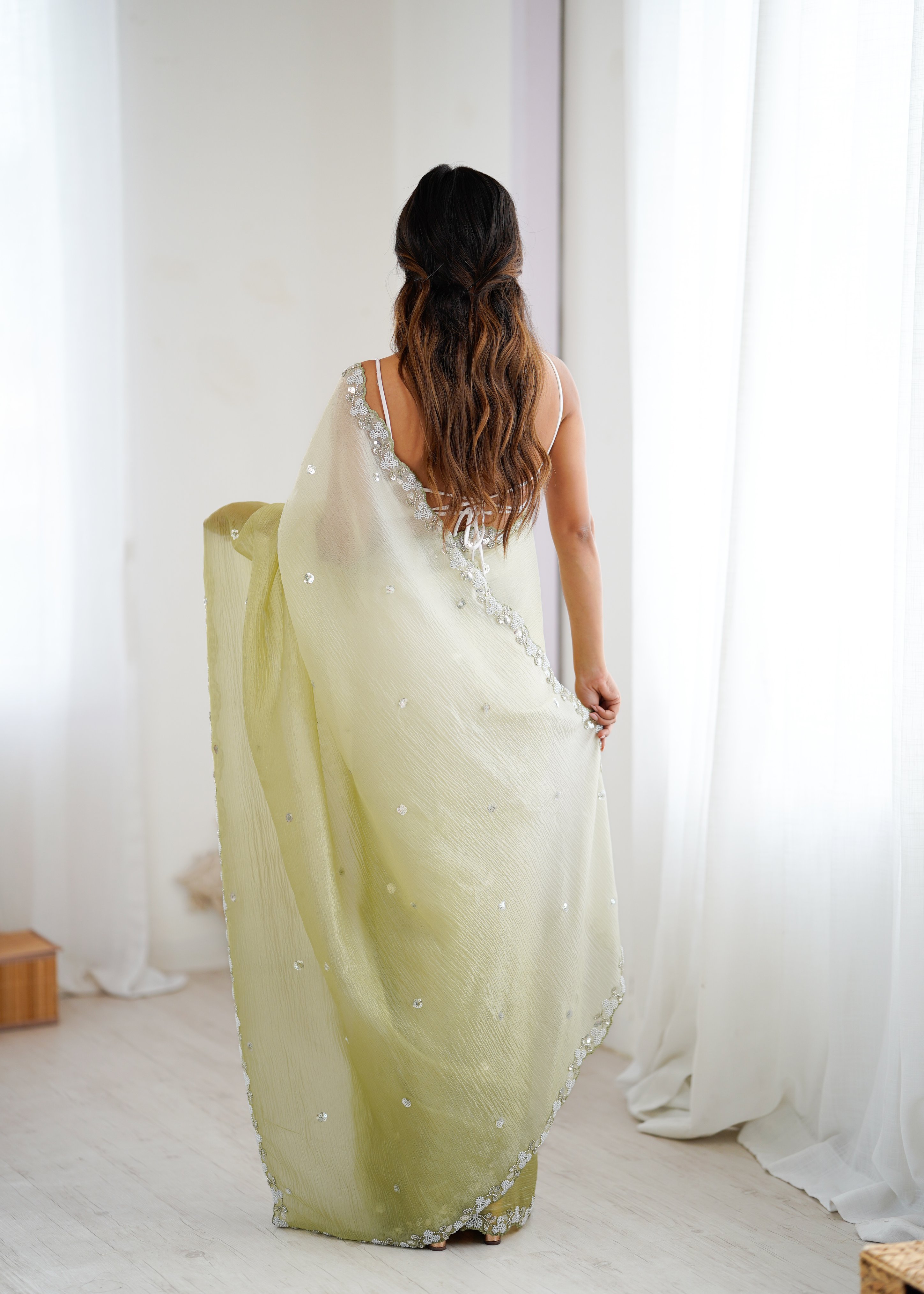 Green Shaded Crush Sequin N Moti Cut Work Chiffon Saree — alternate view