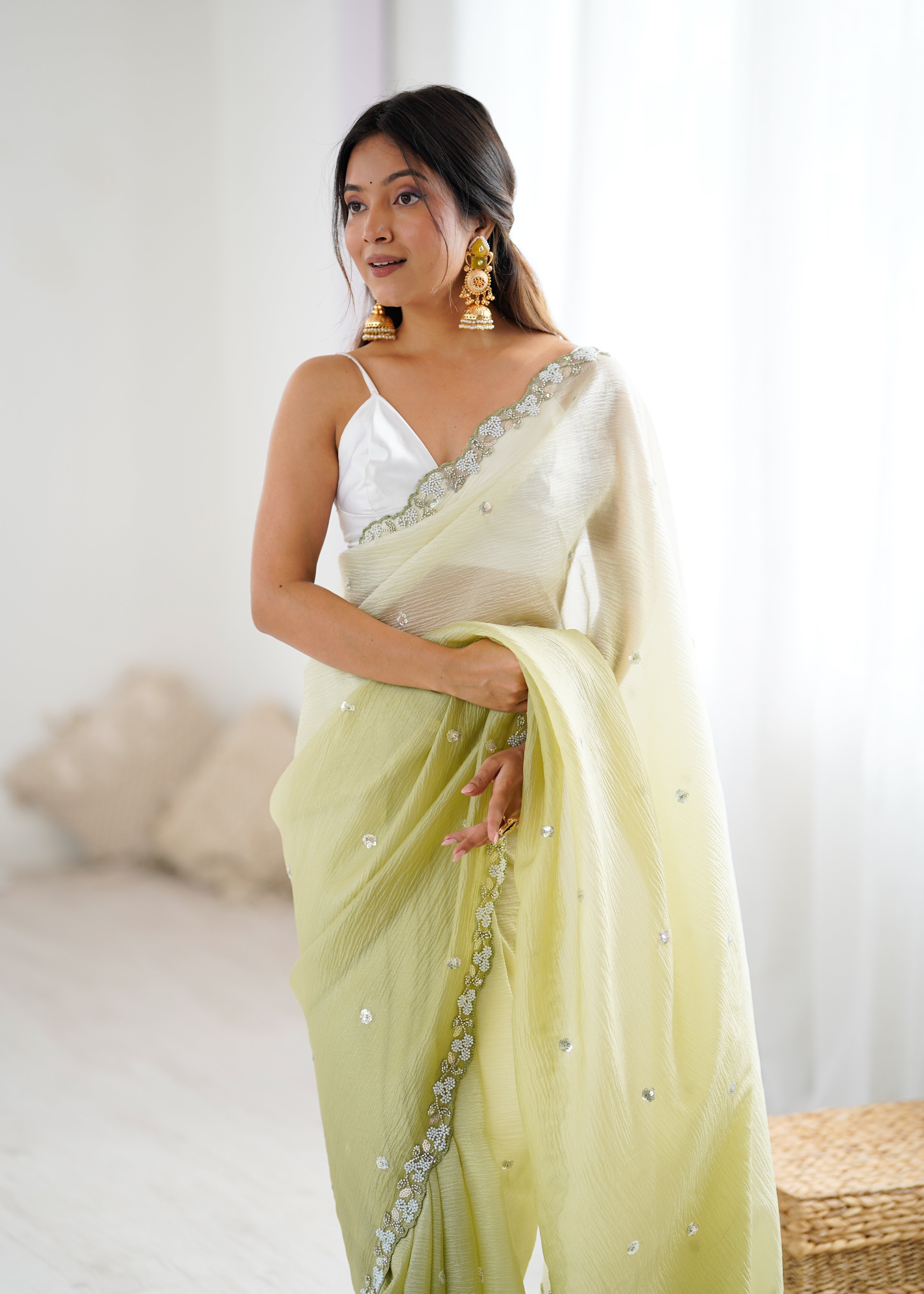 Green Shaded Crush Sequin N Moti Cut Work Chiffon Saree