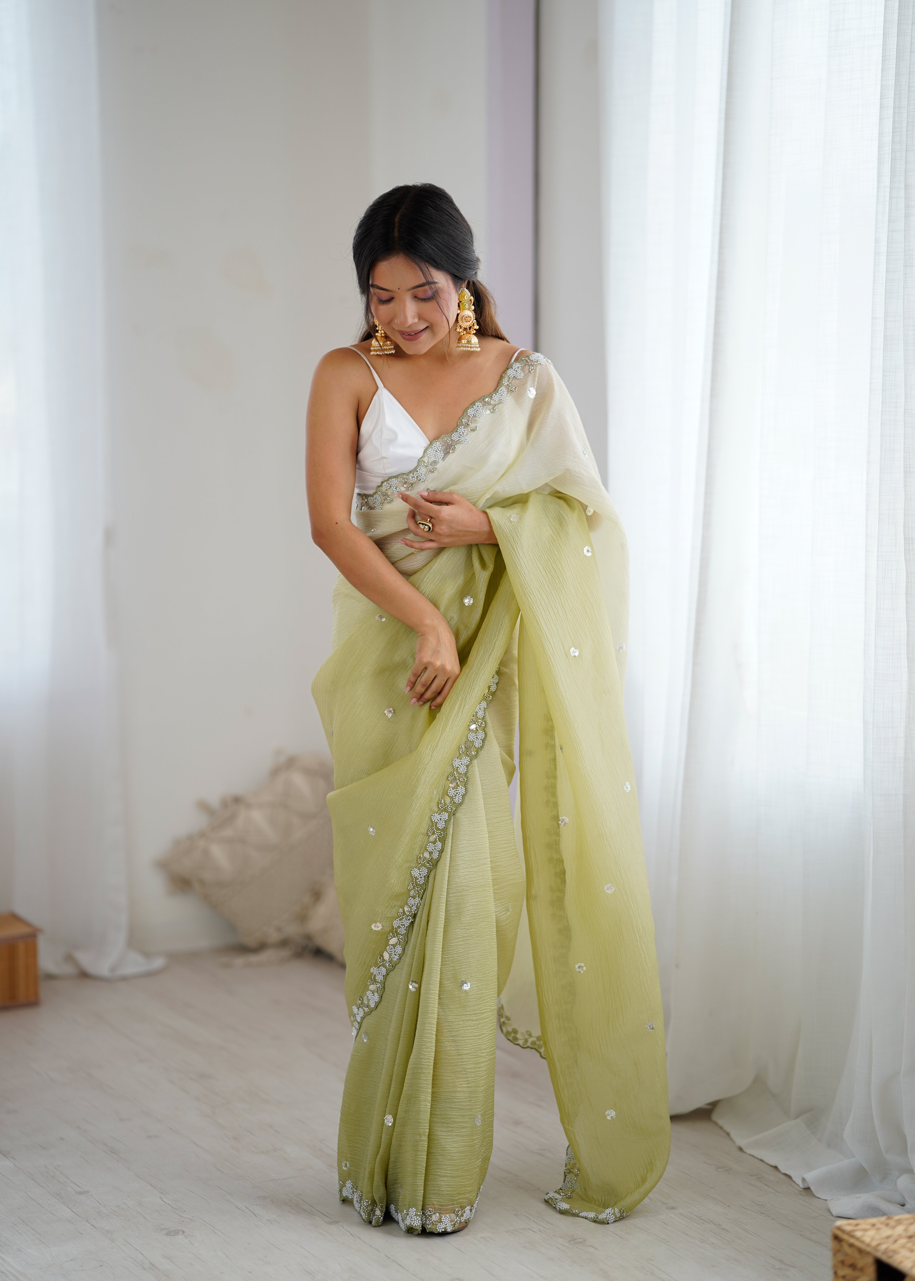 Green Shaded Crush Sequin N Moti Cut Work Chiffon Saree