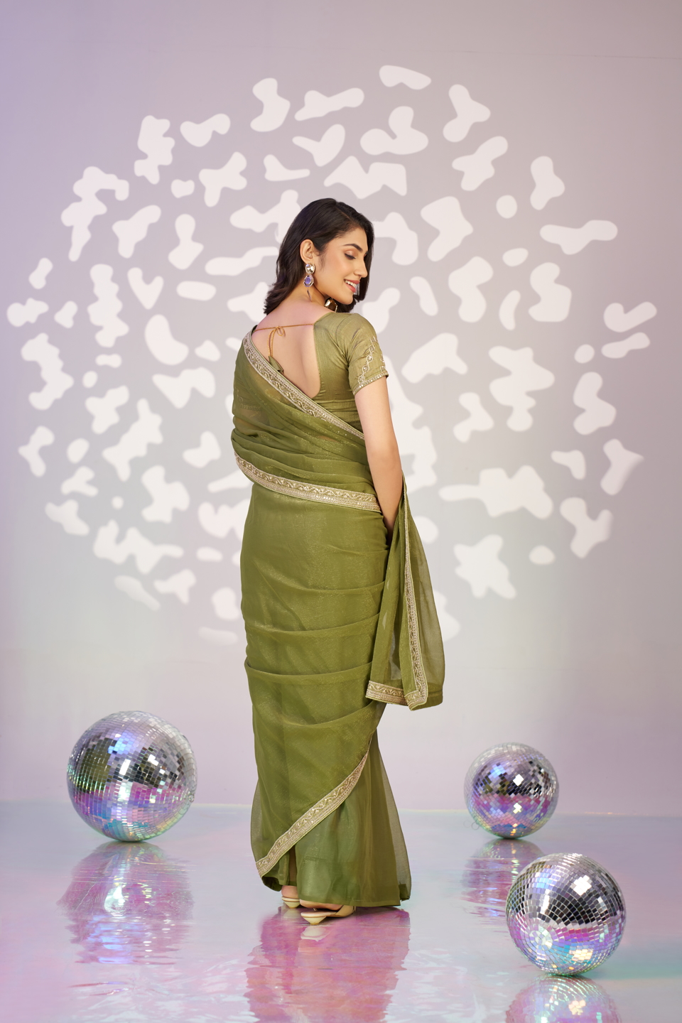 Green Shimmer Chiffon Ready-to-Wear Saree — alternate view