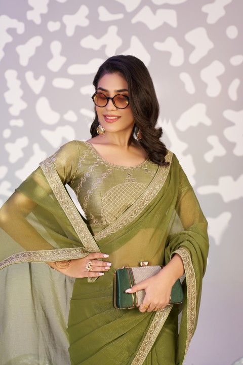 Green Shimmer Chiffon Ready-to-Wear Saree