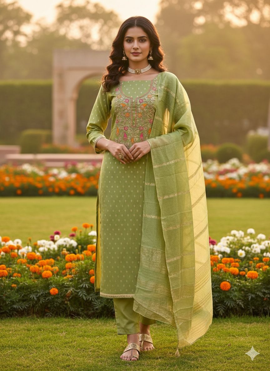 Green Shimmer Jacquard Embroidered Salwar