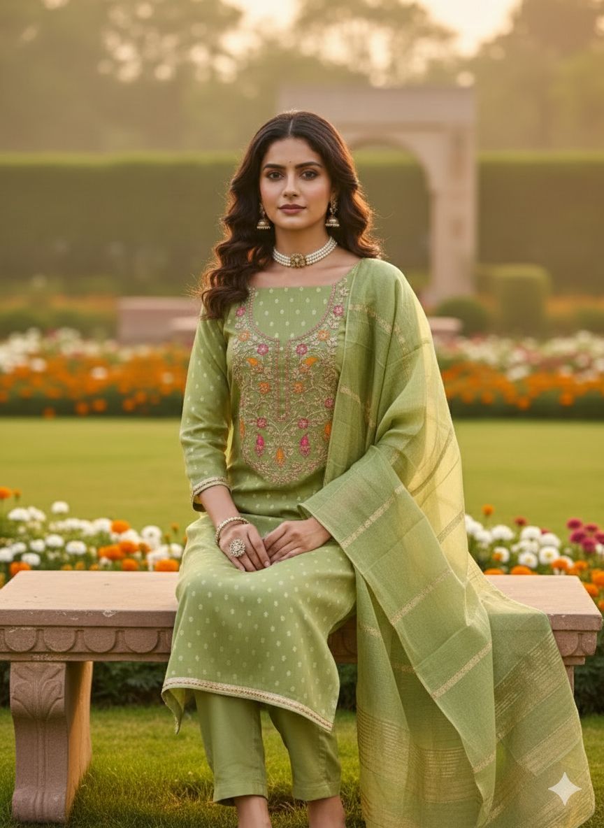 Green Shimmer Jacquard Embroidered Salwar — alternate view