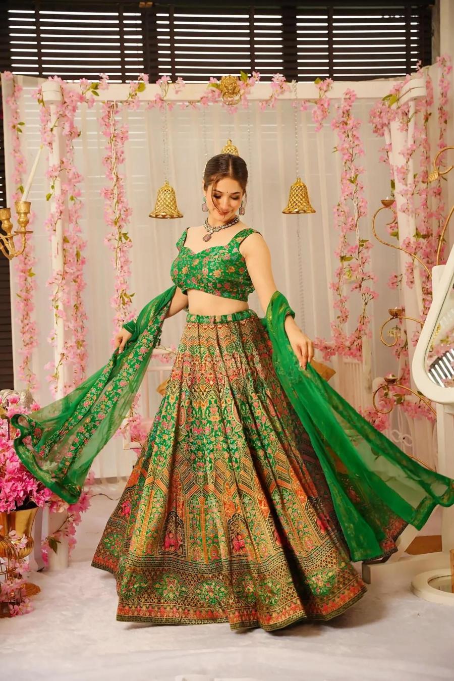 Green Silk Crop Top Lehenga