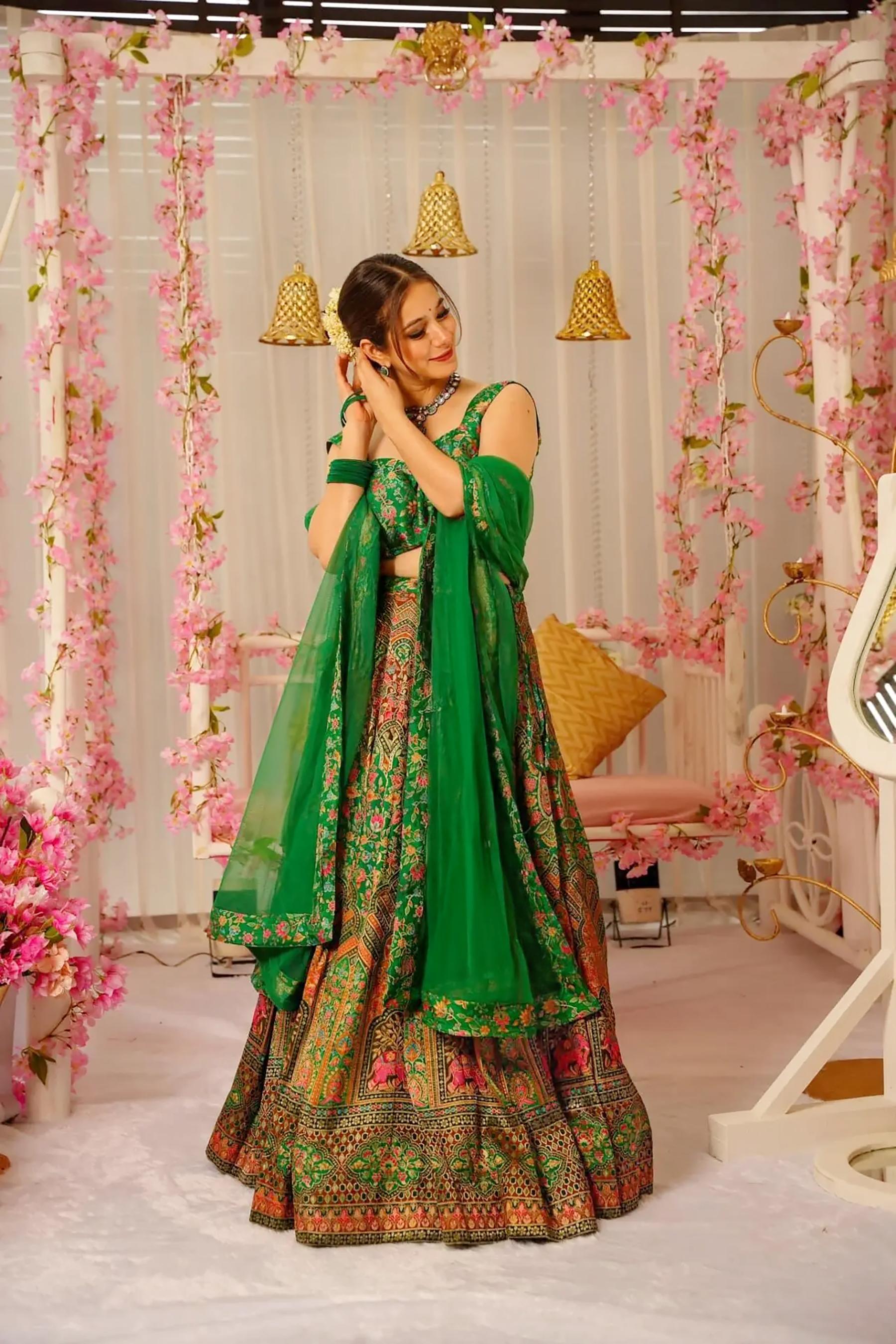 Green Silk Crop Top Lehenga