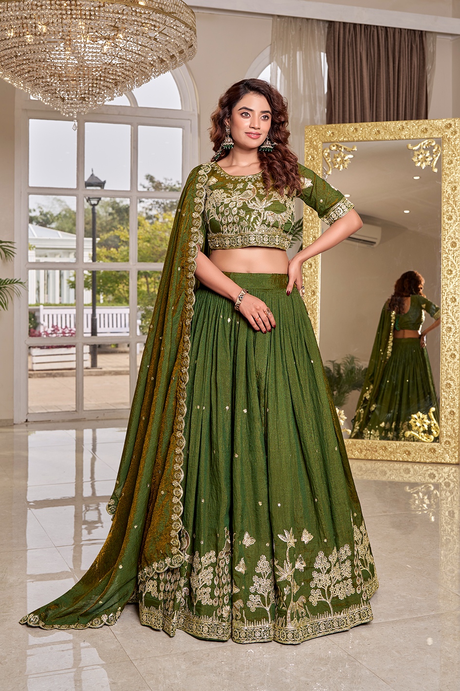 Green Silk Heavy Embroidered Flared Lehenga