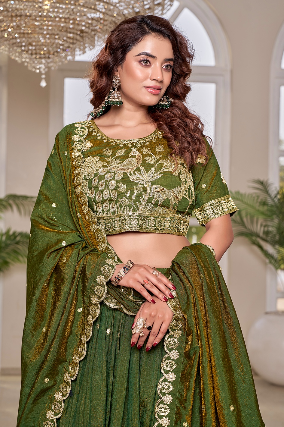 Green Silk Heavy Embroidered Flared Lehenga — alternate view