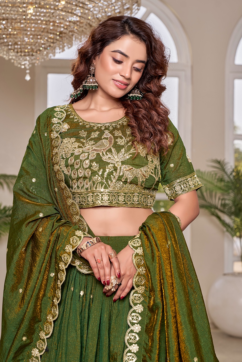Green Silk Heavy Embroidered Flared Lehenga