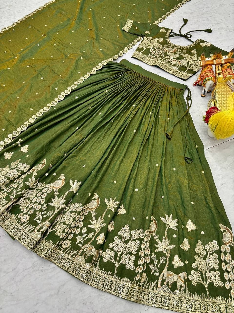 Green Silk Heavy Embroidered Flared Lehenga