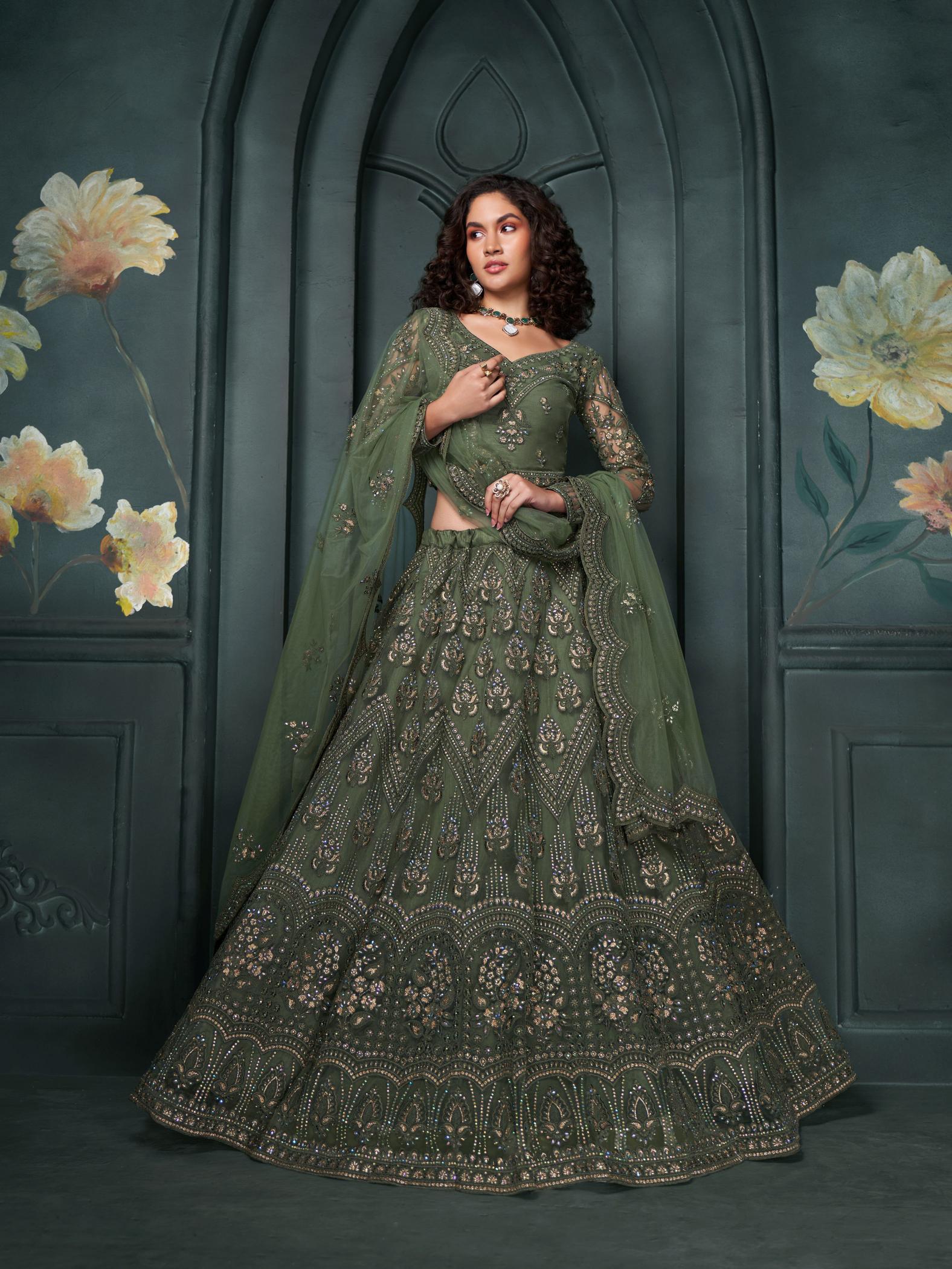 Green Soft Net Embroidery Lehenga