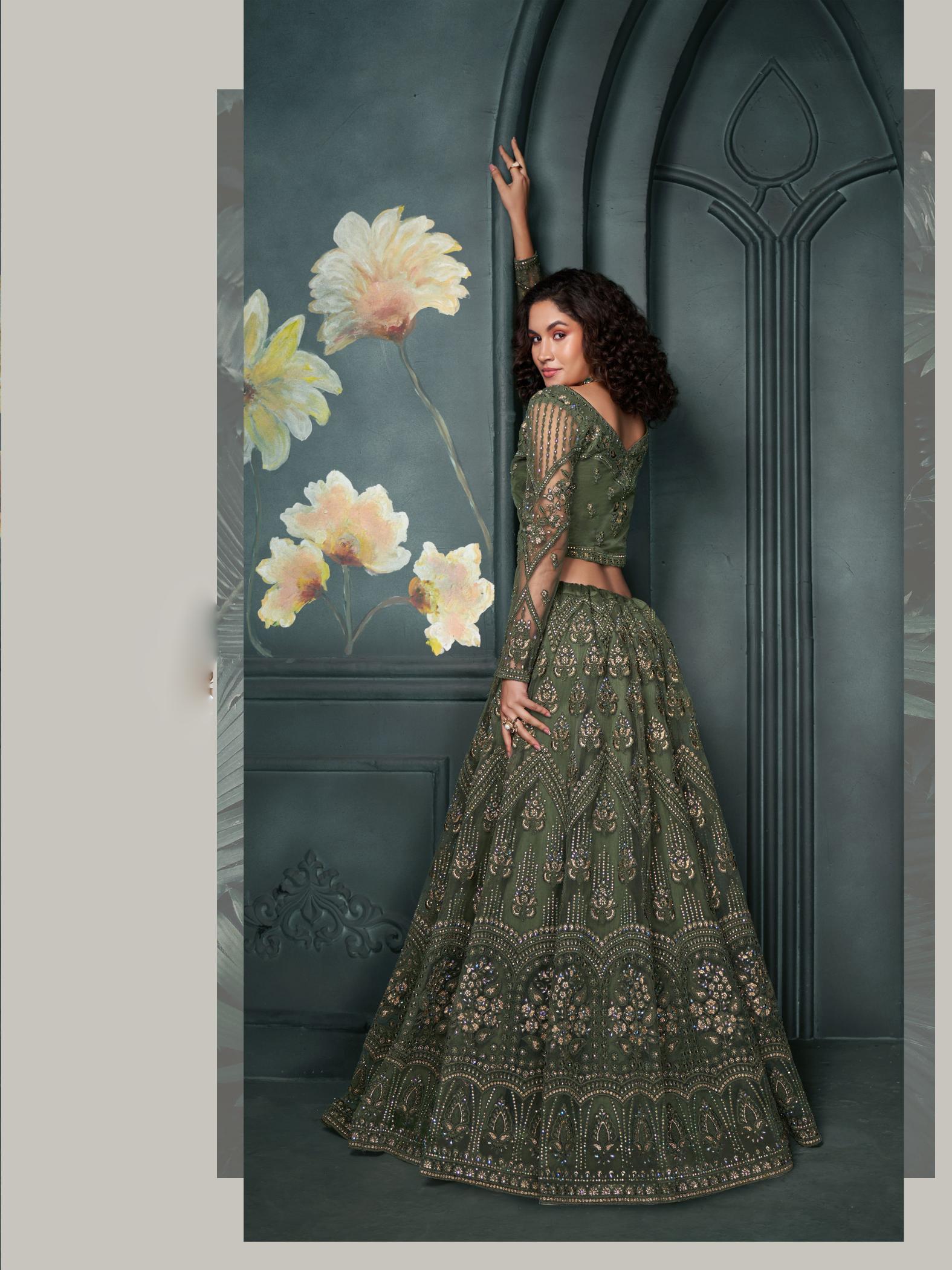 Green Soft Net Embroidery Lehenga — alternate view