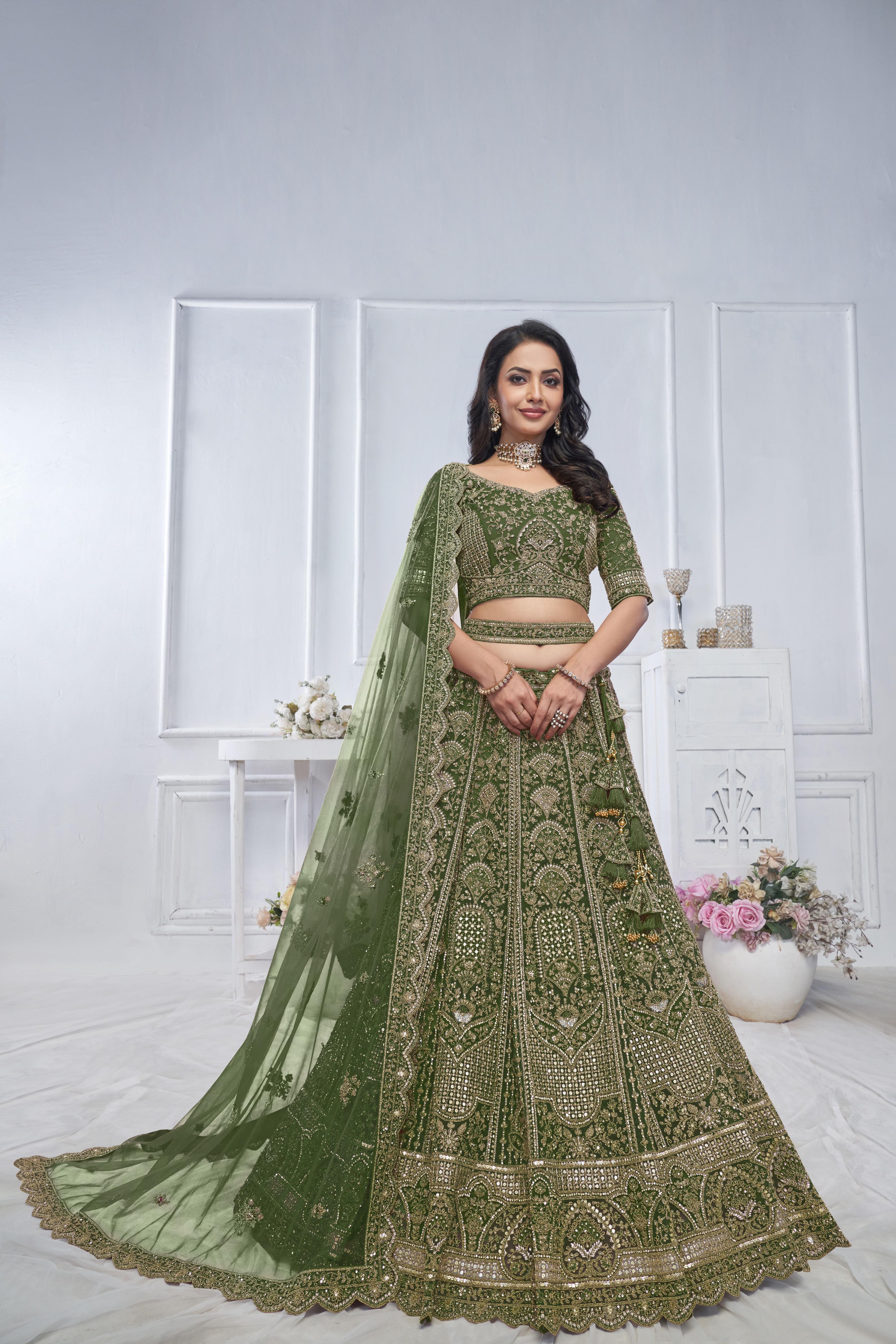 Green Soft Net Wedding Lehenga