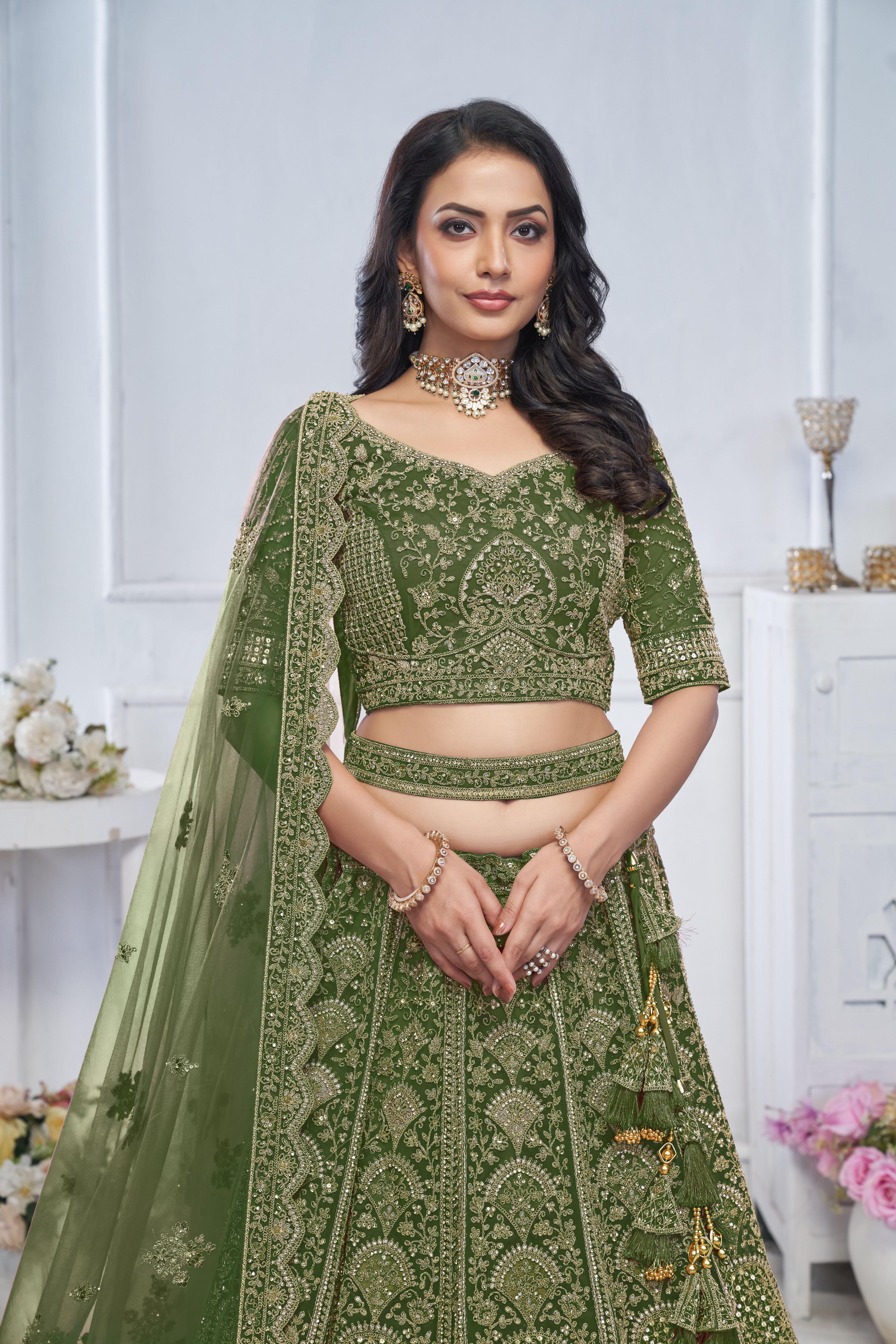 Green Soft Net Wedding Lehenga