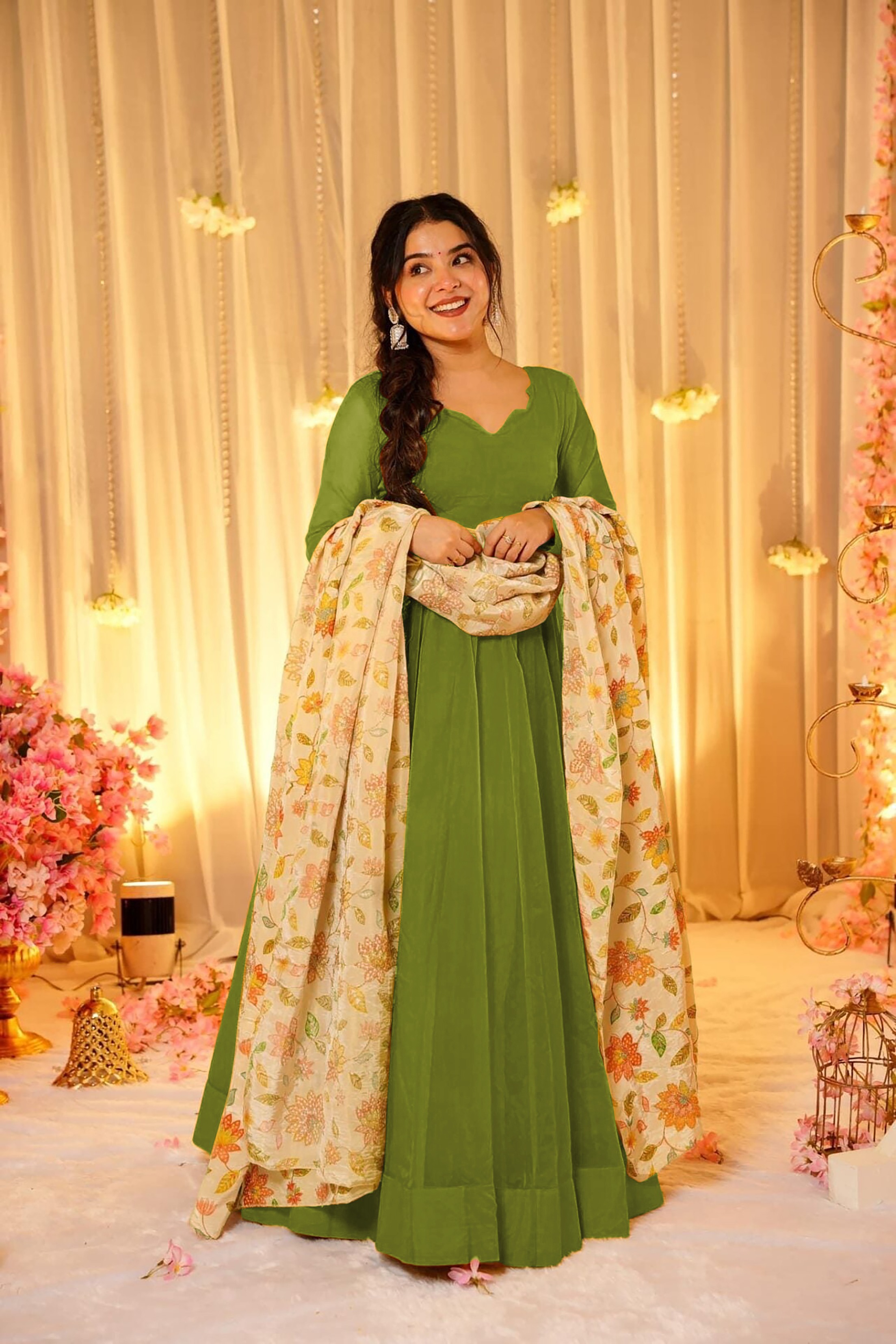 Green Soft Silk Readymade Gown