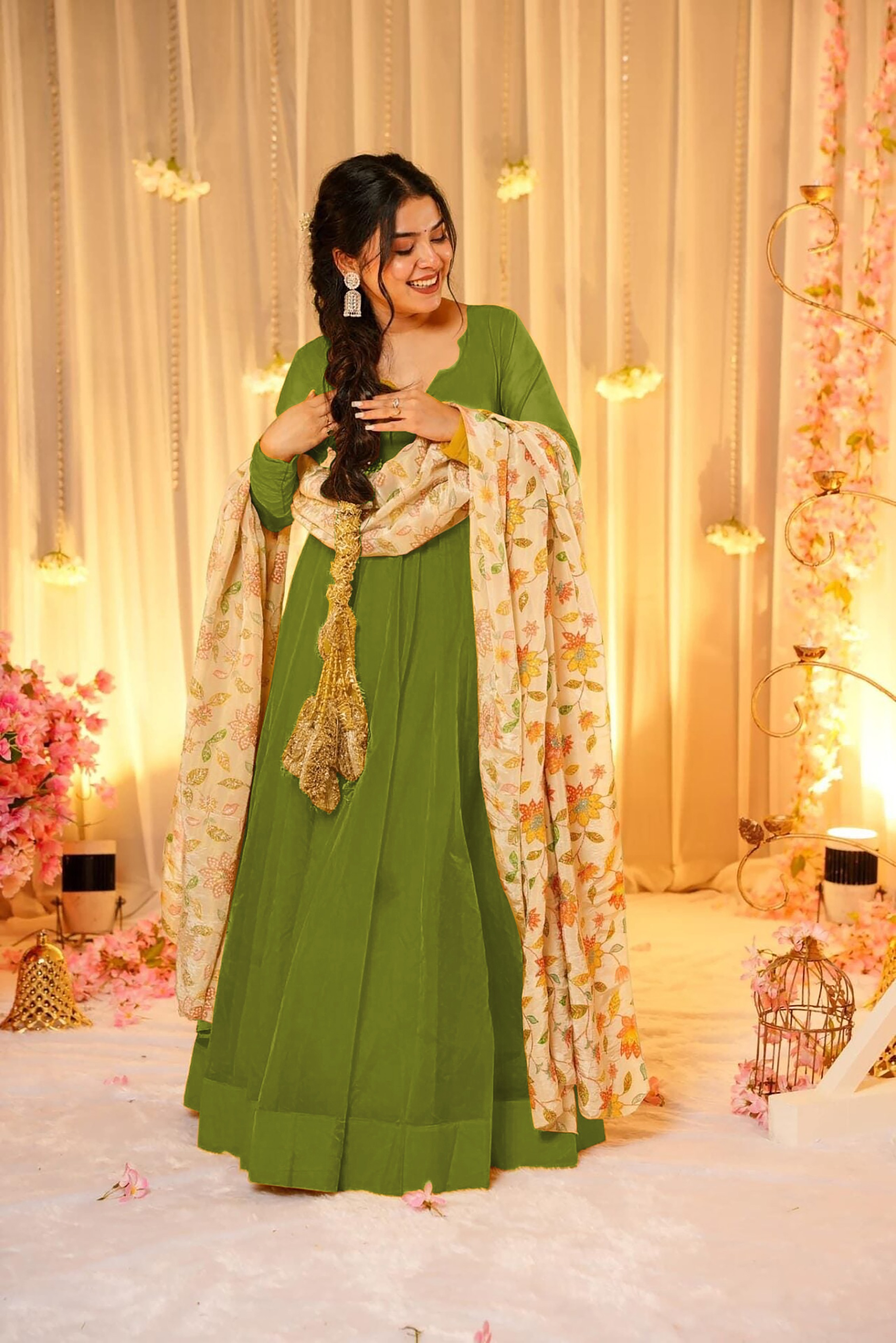 Green Soft Silk Readymade Gown