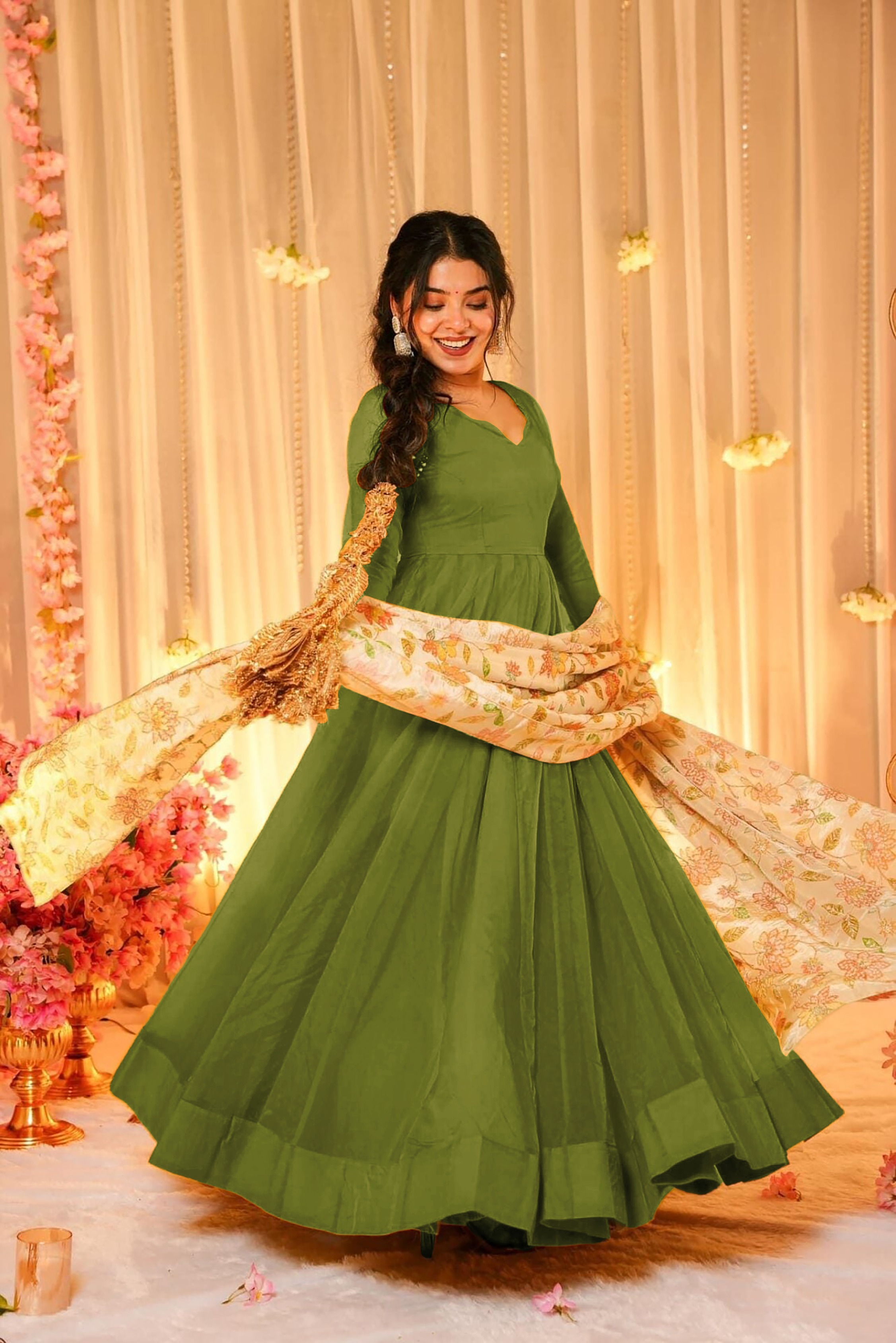 Green Soft Silk Readymade Gown