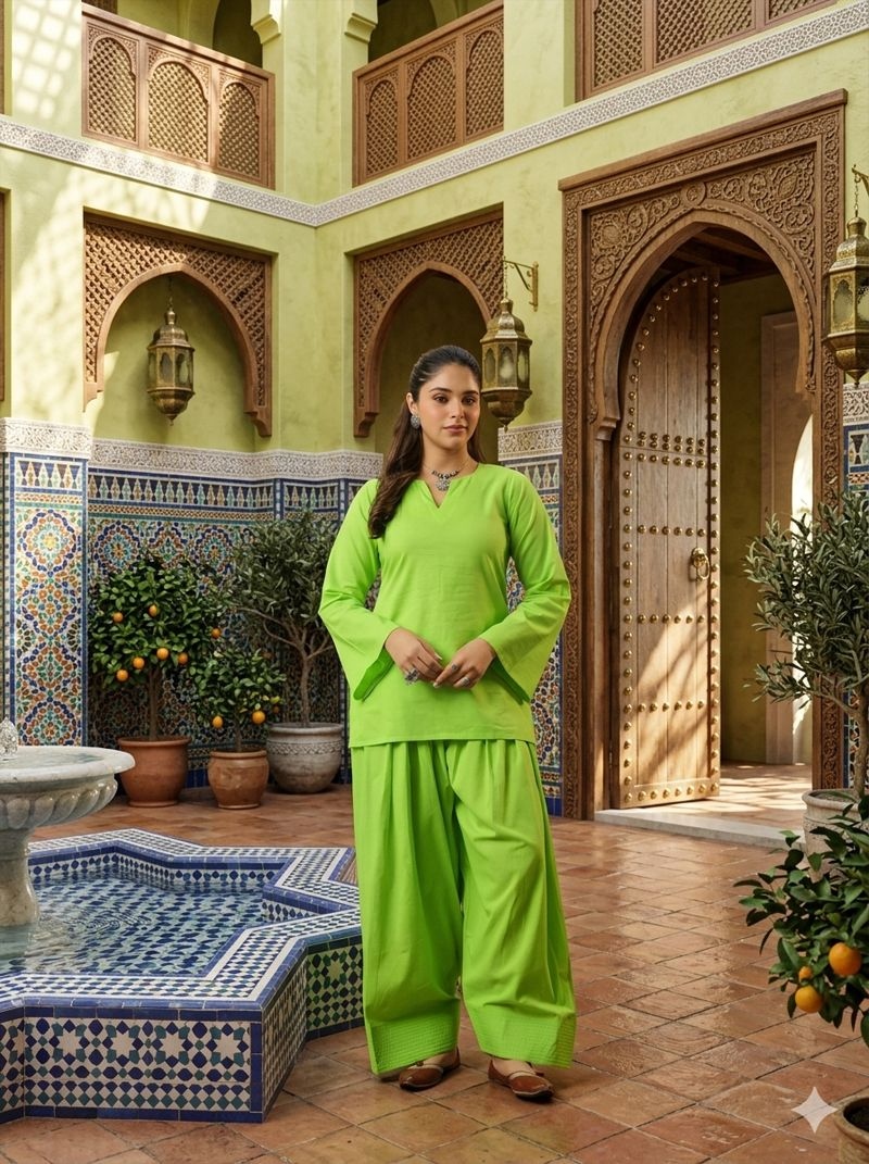 Green Solid Designer Cotton Straight Co-Ord Set