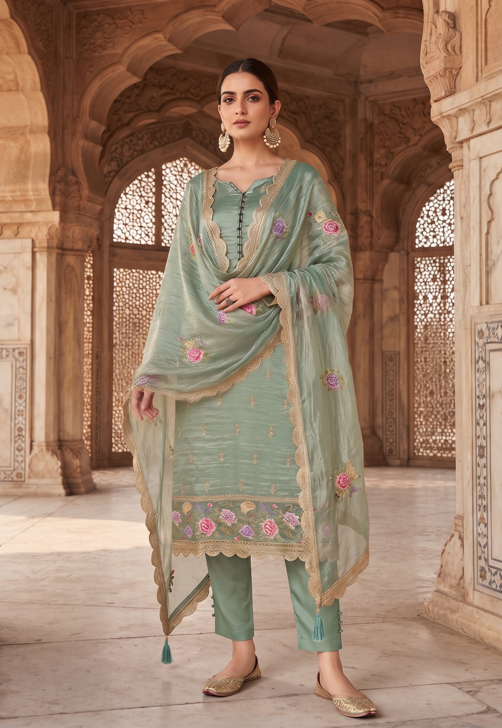 Green Solid Embroidered Gold Silk Straight Suit
