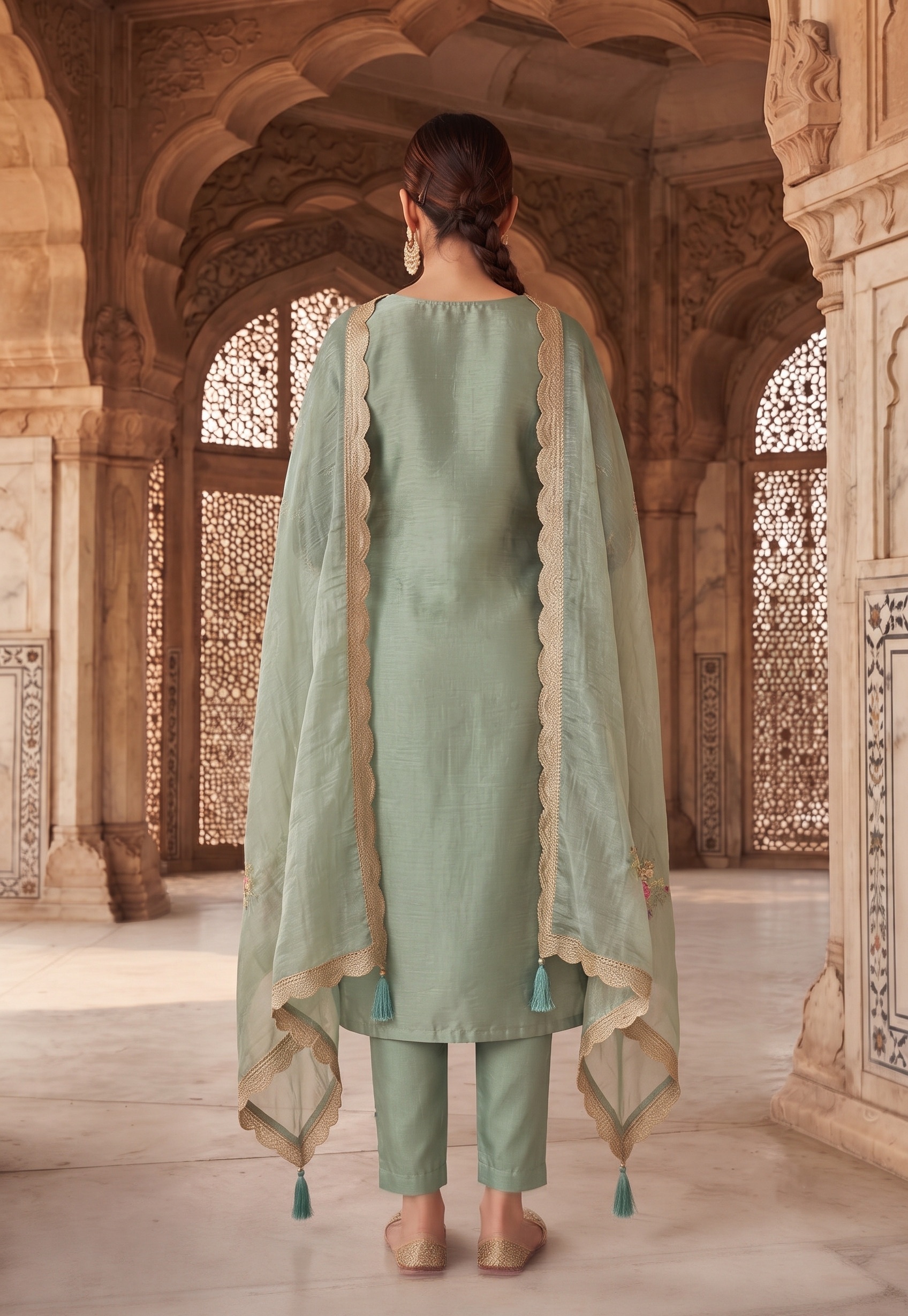 Green Solid Embroidered Gold Silk Straight Suit — alternate view