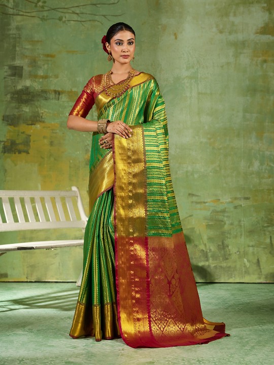 Green Striped Zari Work Kanjivaram Silk Saree