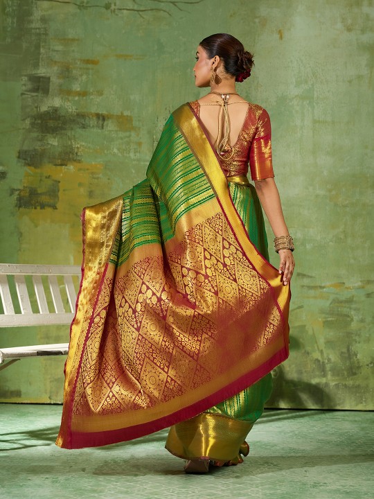 Green Striped Zari Work Kanjivaram Silk Saree — alternate view