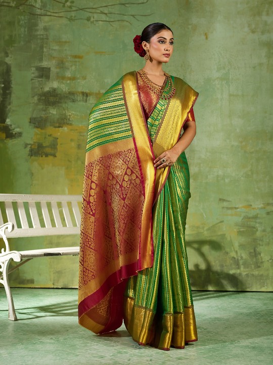 Green Striped Zari Work Kanjivaram Silk Saree