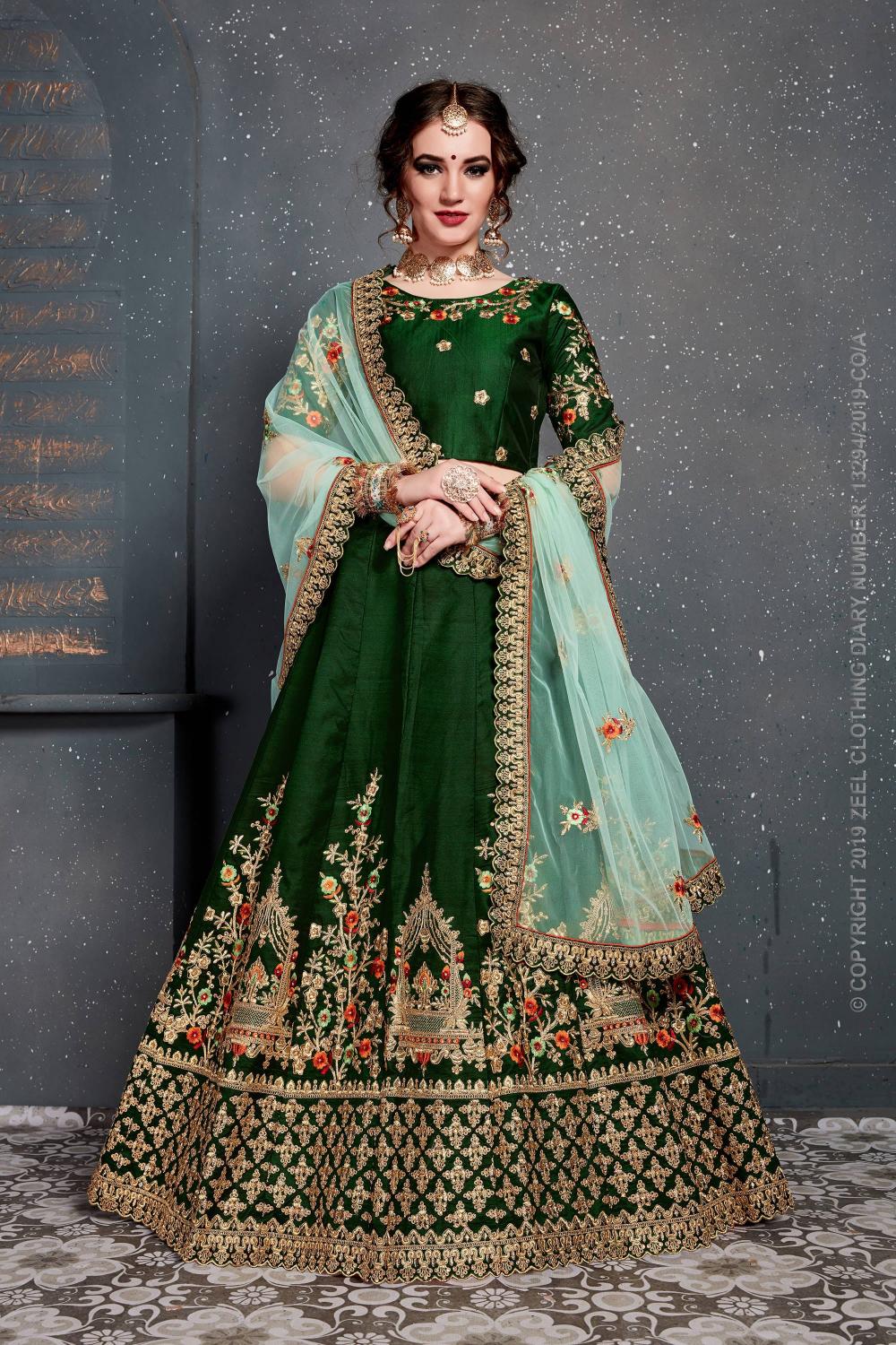 Green Taffeta Satin Silk Lehenga Choli