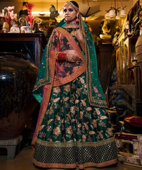 Green Taffeta Silk Embroidered Lehenga