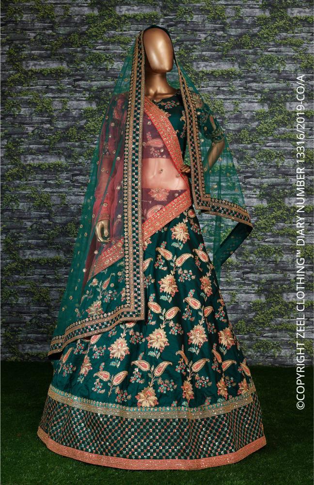 Green Taffeta Silk Embroidered Lehenga