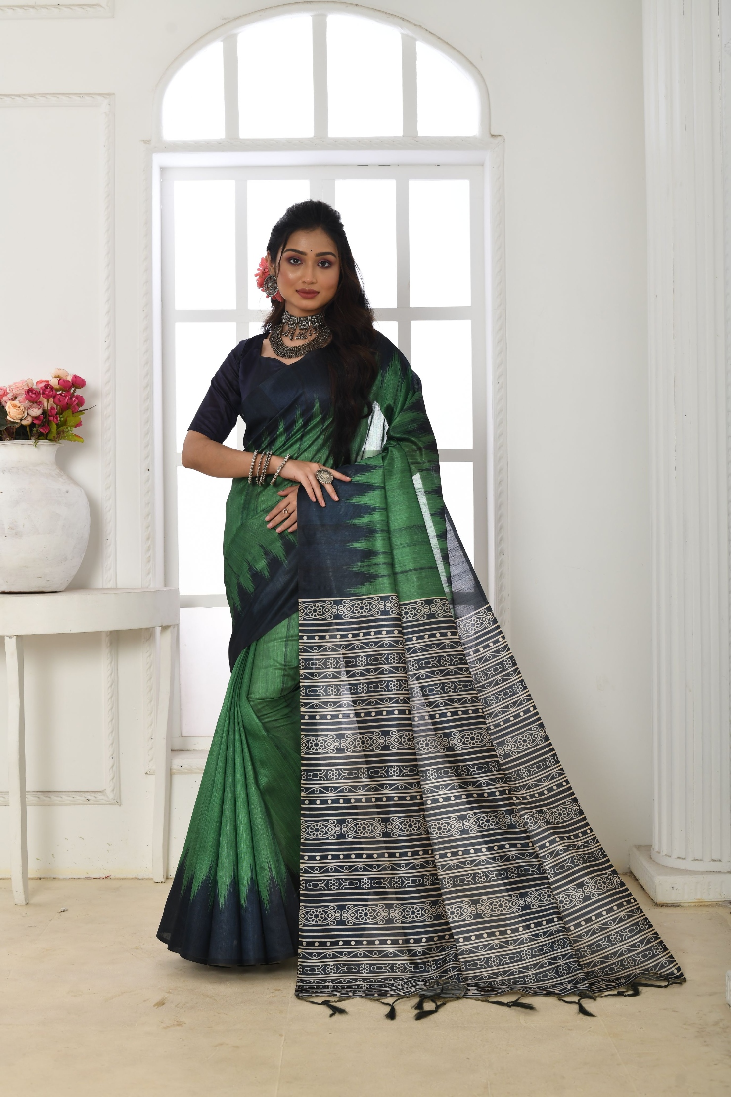 Green Temple Printed Tussar Silk Saree
