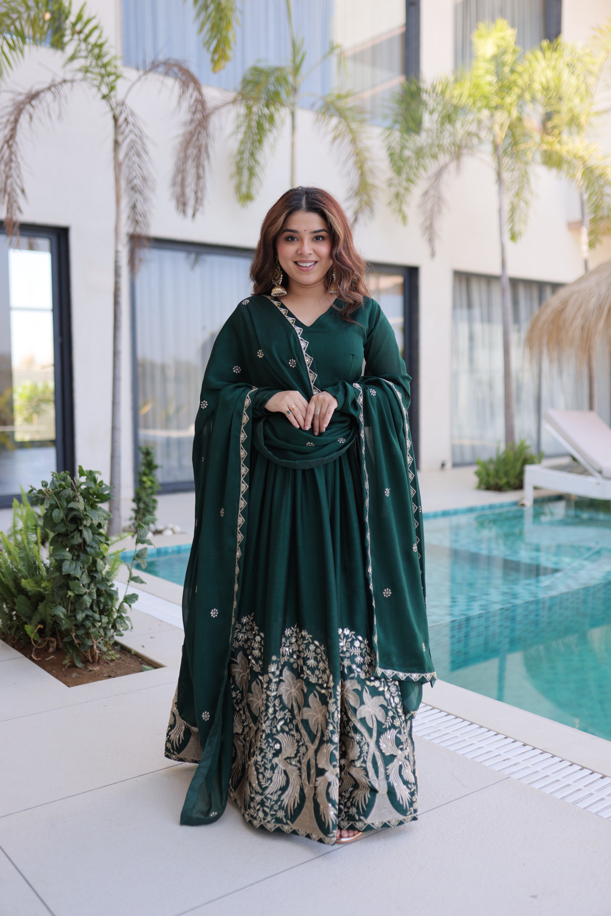 Green Thread Sequins Embroidered Rangoli Crush Party Gown Set