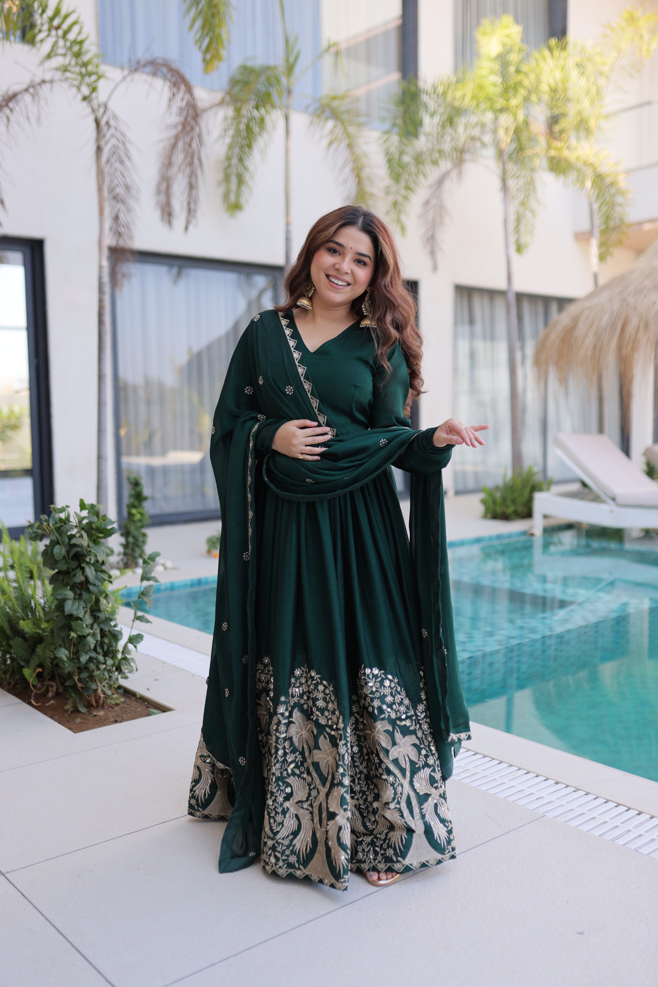 Green Thread Sequins Embroidered Rangoli Crush Party Gown Set