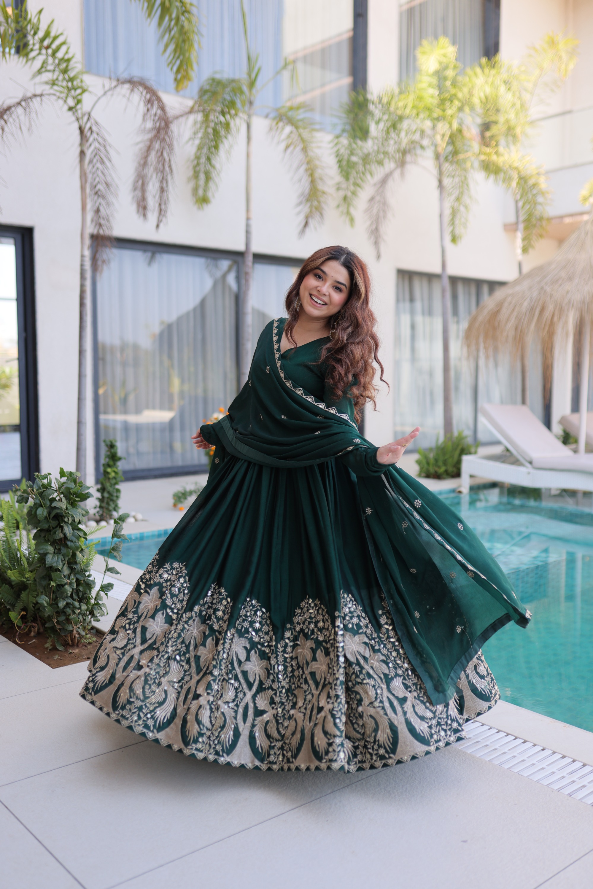 Green Thread Sequins Embroidered Rangoli Crush Party Gown Set