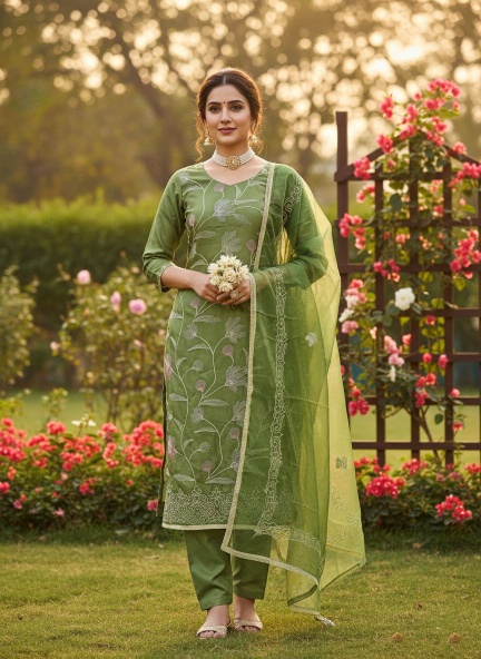 Green Thread work Embroidered Glass Cotton Salwar Suit