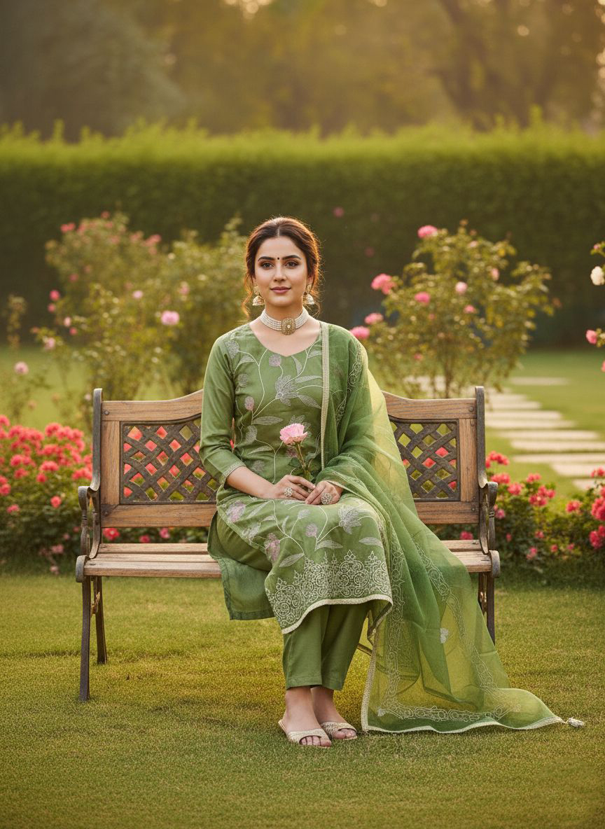 Green Thread work Embroidered Glass Cotton Salwar Suit — alternate view