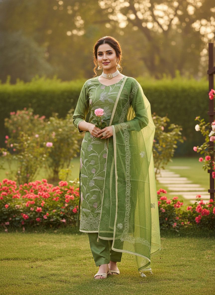 Green Thread work Embroidered Glass Cotton Salwar Suit